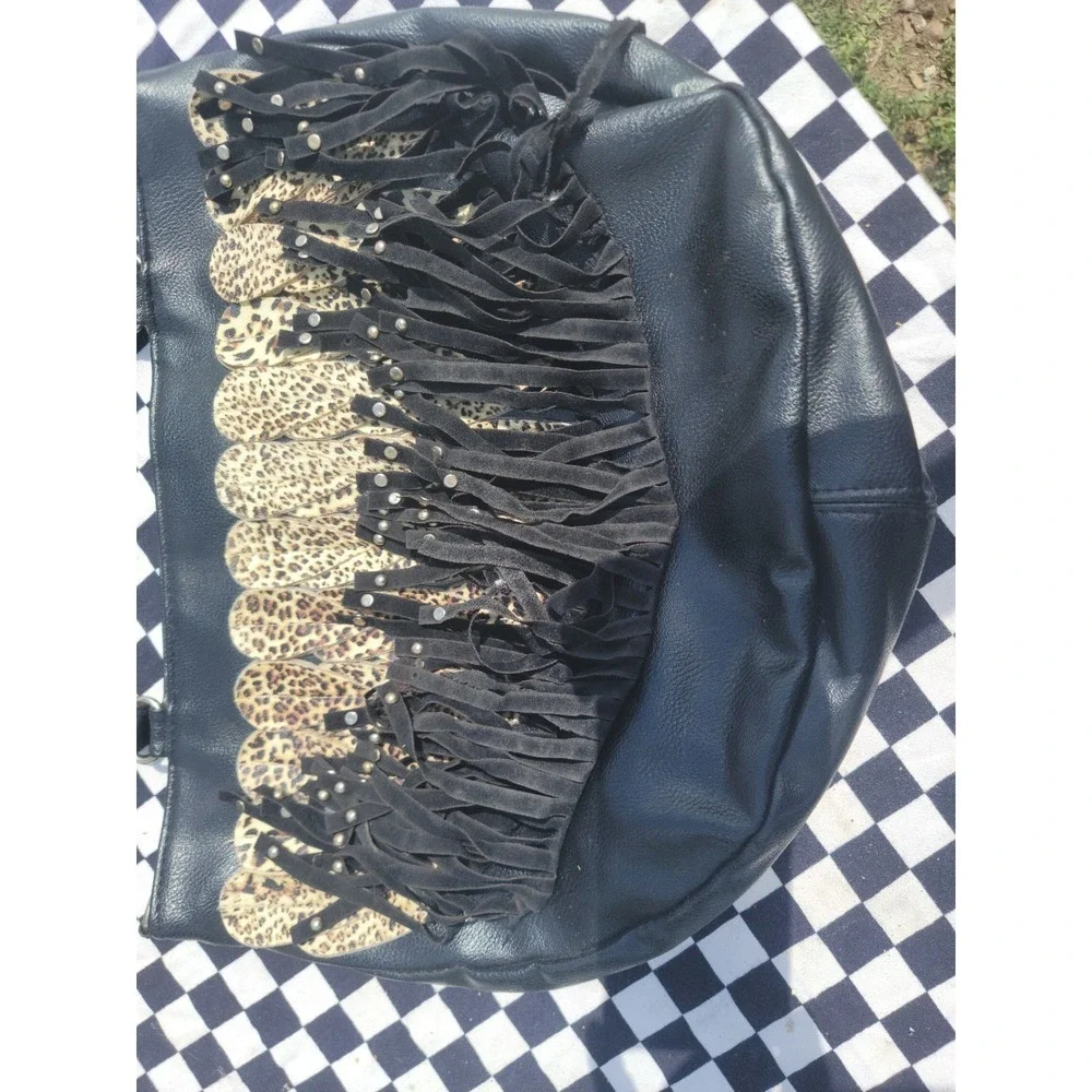 Black‎ Leopard Feather Fringe Hobo Shoulder Bag Boho Faux Leather Tote